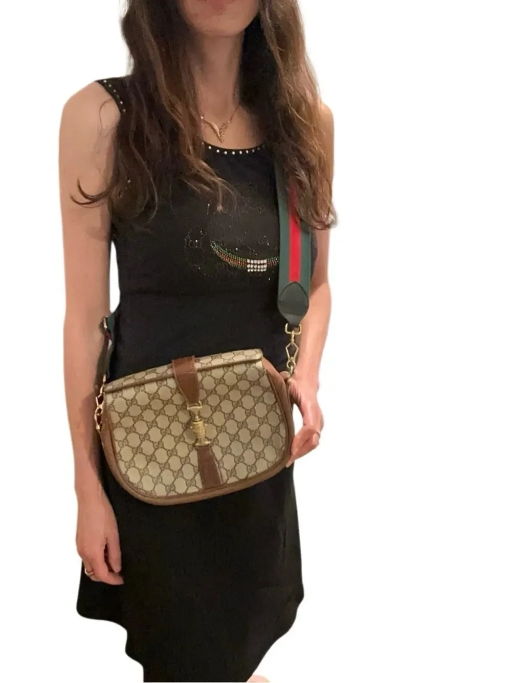 Gucci Jackie Beige Brown GG Supreme Crossbody with Signature Web Strap